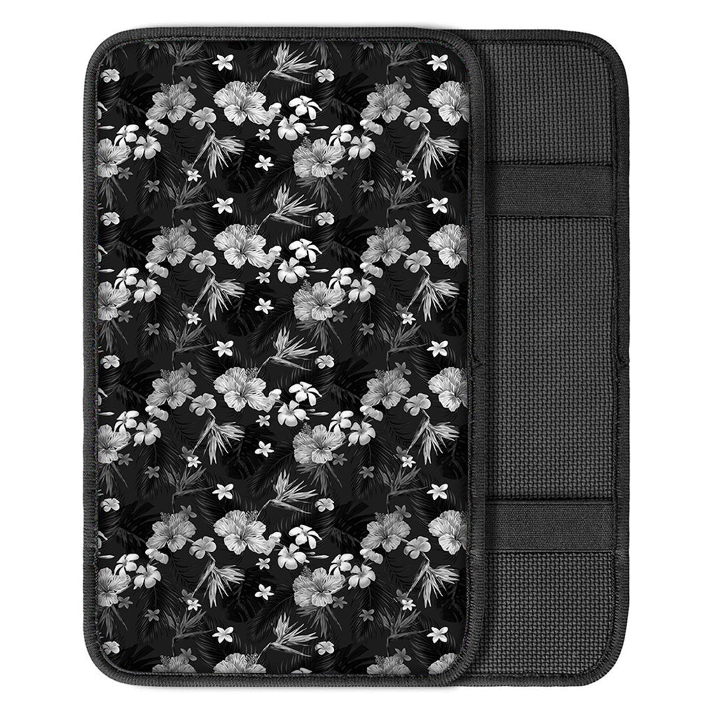 Monochrome Hawaiian Floral Print Car Center Console Cover