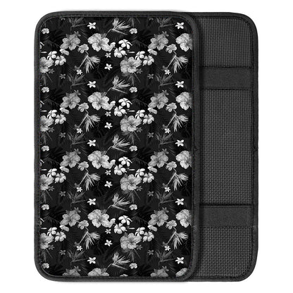 Monochrome Hawaiian Floral Print Car Center Console Cover
