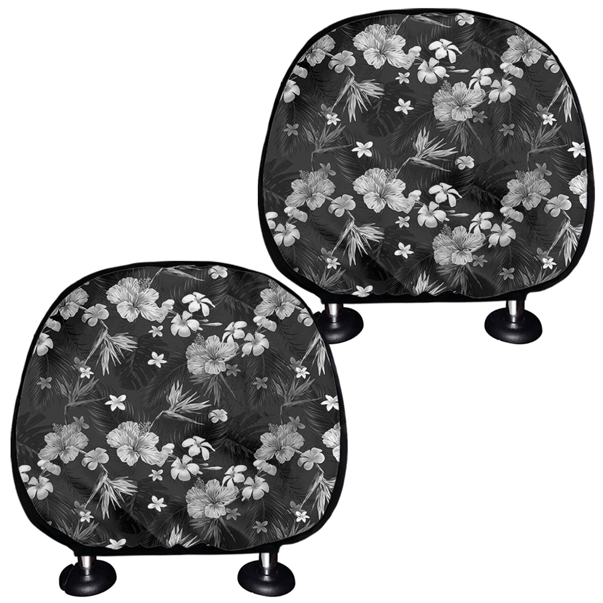 Monochrome Hawaiian Floral Print Car Headrest Covers