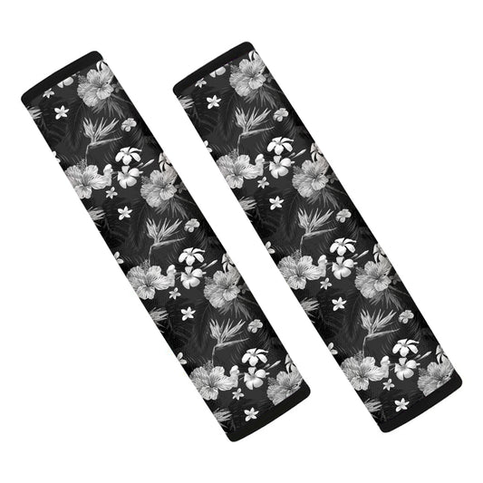 Monochrome Hawaiian Floral Print Car Seat Belt Covers