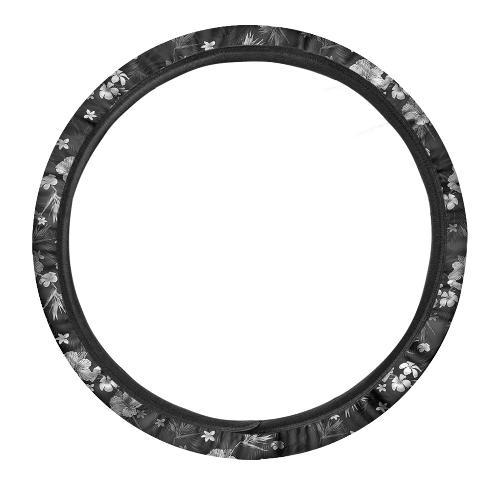Monochrome Hawaiian Floral Print Car Steering Wheel Cover