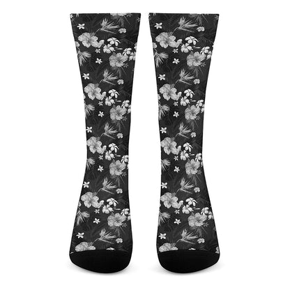 Monochrome Hawaiian Floral Print Crew Socks