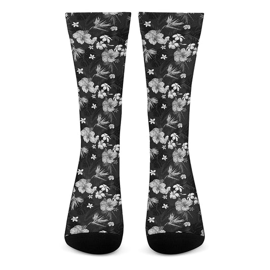 Monochrome Hawaiian Floral Print Crew Socks