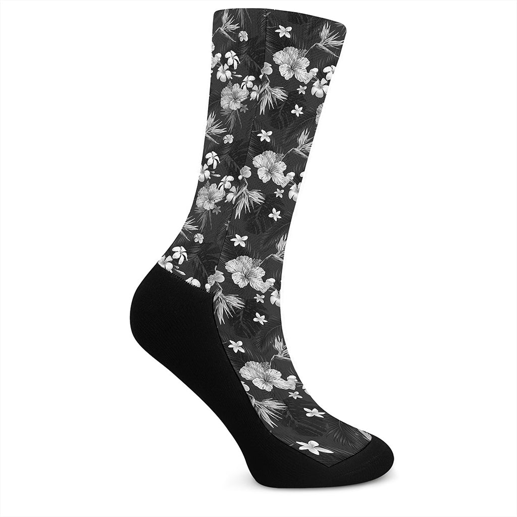 Monochrome Hawaiian Floral Print Crew Socks