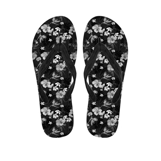 Monochrome Hawaiian Floral Print Flip Flops