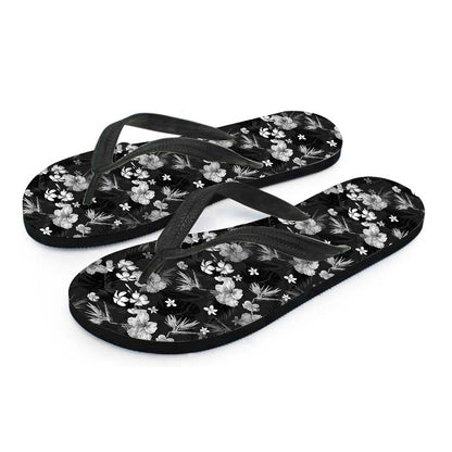 Monochrome Hawaiian Floral Print Flip Flops