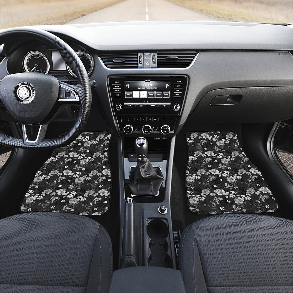 Monochrome Hawaiian Floral Print Front and Back Car Floor Mats