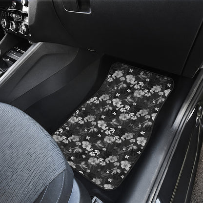 Monochrome Hawaiian Floral Print Front and Back Car Floor Mats
