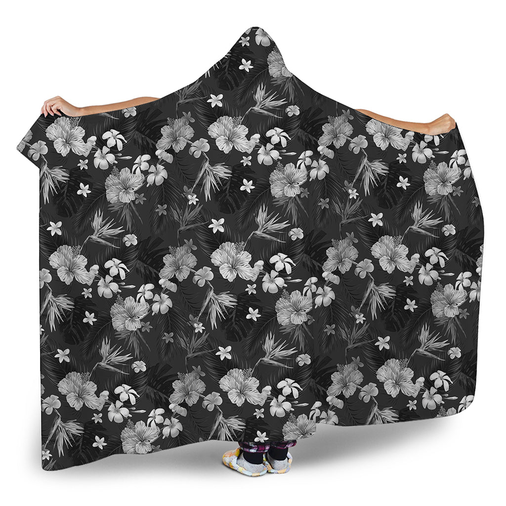 Monochrome Hawaiian Floral Print Hooded Blanket