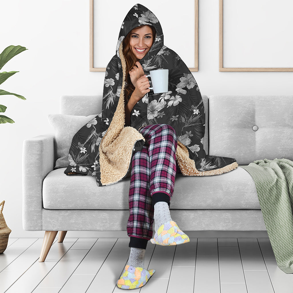 Monochrome Hawaiian Floral Print Hooded Blanket