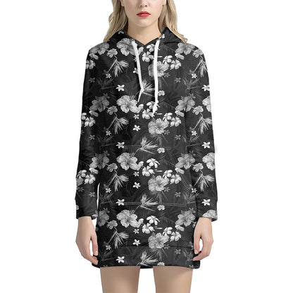 Monochrome Hawaiian Floral Print Hoodie Dress