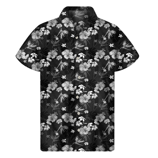 Monochrome Hawaiian Floral Print Men's Short Sleeve Shirt
