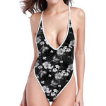 Monochrome Hawaiian Floral Print One Piece High Cut Swimsuit
