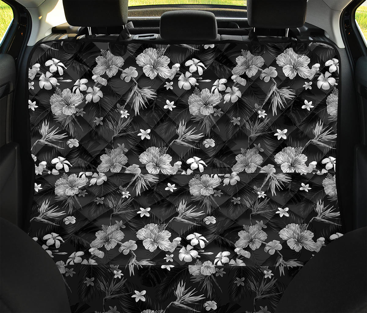 Monochrome Hawaiian Floral Print Pet Car Back Seat Cover