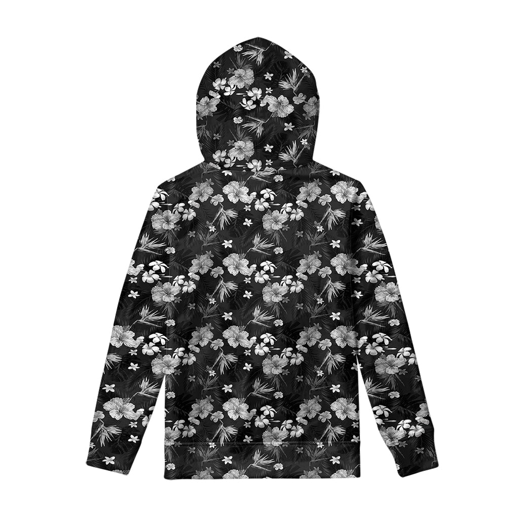 Monochrome Hawaiian Floral Print Pullover Hoodie