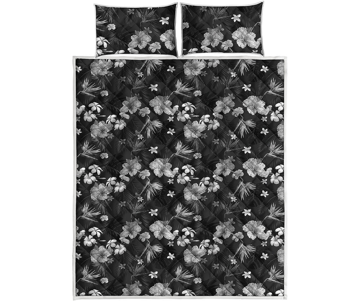 Monochrome Hawaiian Floral Print Quilt Bed Set