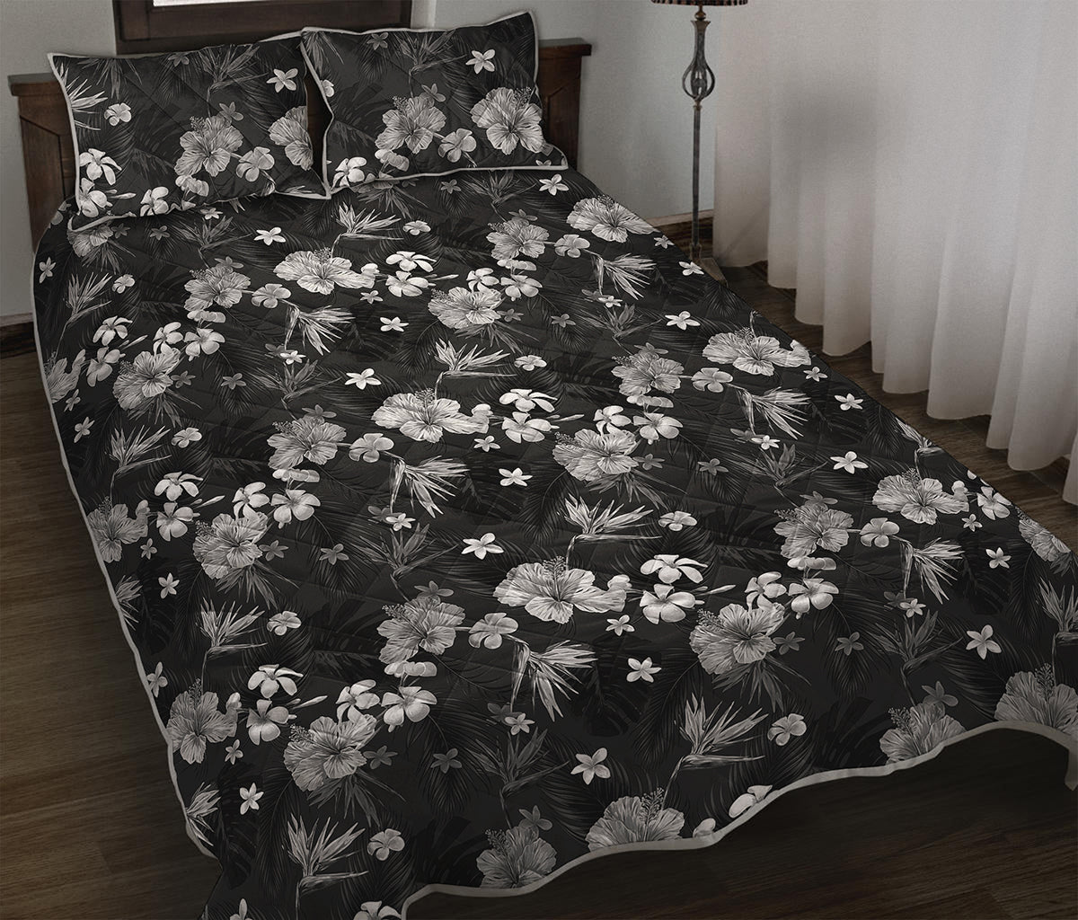 Monochrome Hawaiian Floral Print Quilt Bed Set