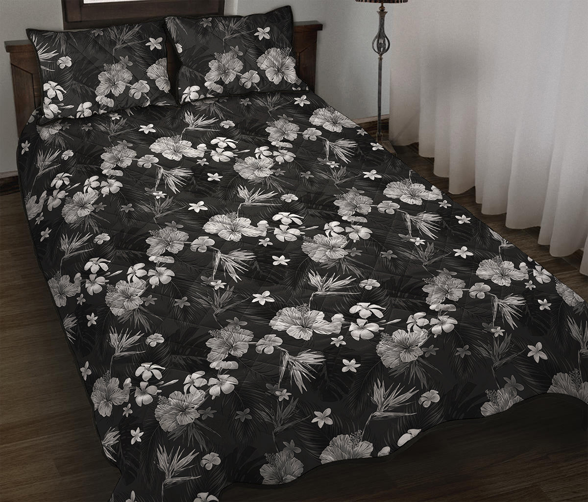 Monochrome Hawaiian Floral Print Quilt Bed Set