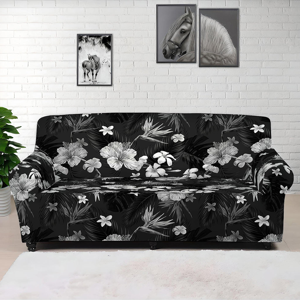 Monochrome Hawaiian Floral Print Sofa Cover