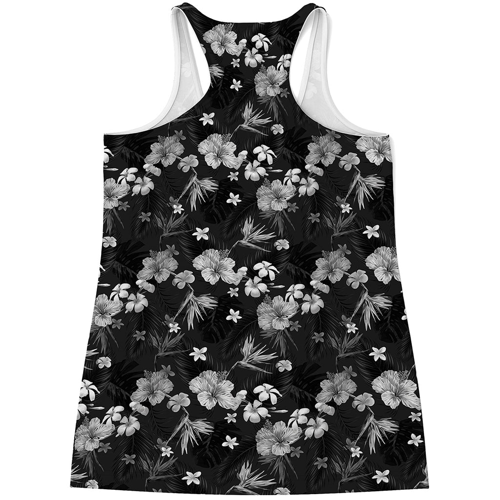 Monochrome Hawaiian Floral Print Women's Racerback Tank Top