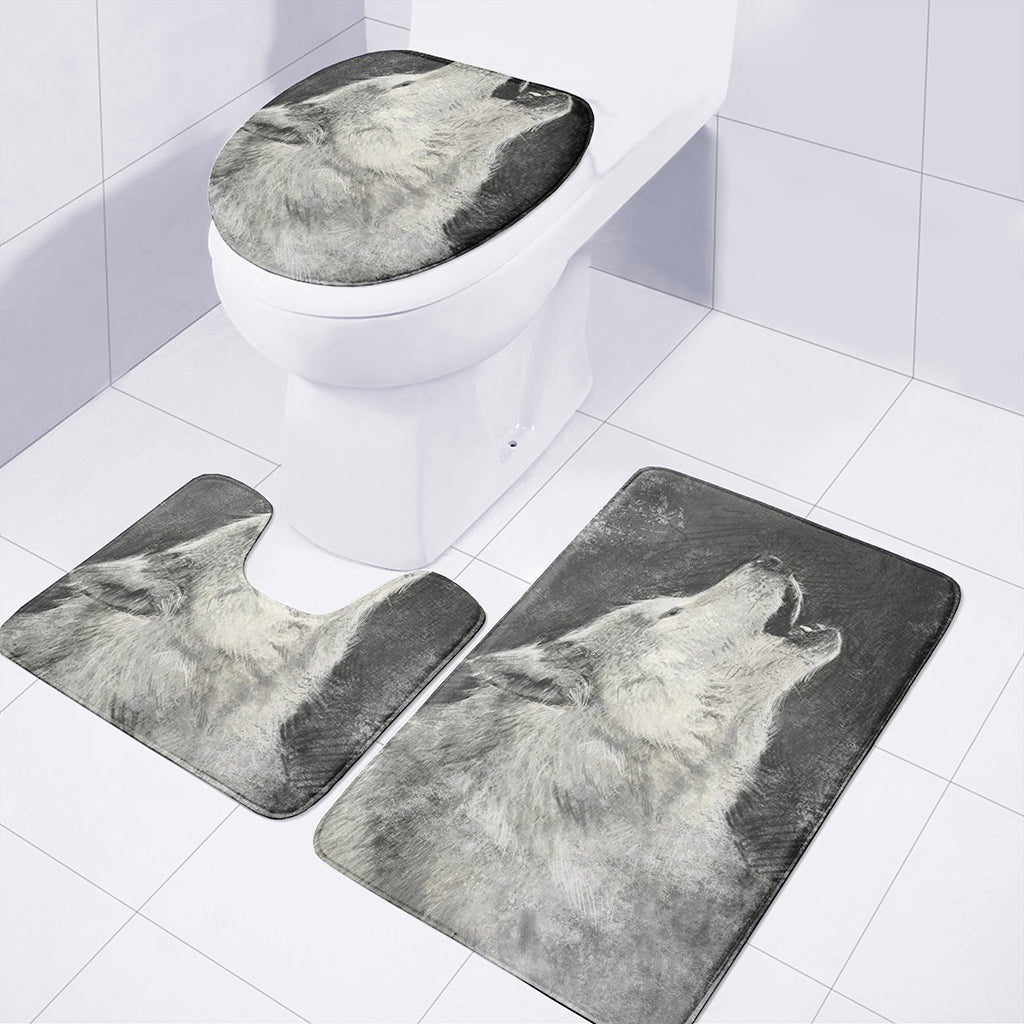 Monochrome Howling Wolf Print 3 Piece Bath Mat Set