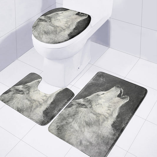 Monochrome Howling Wolf Print 3 Piece Bath Mat Set