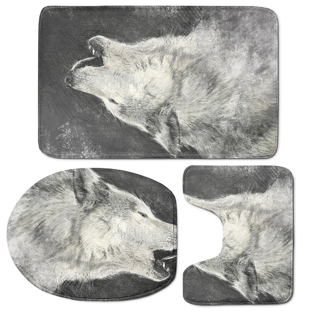Monochrome Howling Wolf Print 3 Piece Bath Mat Set