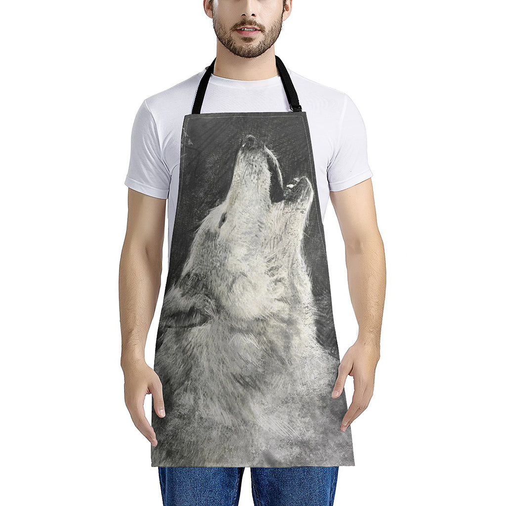 Monochrome Howling Wolf Print Apron