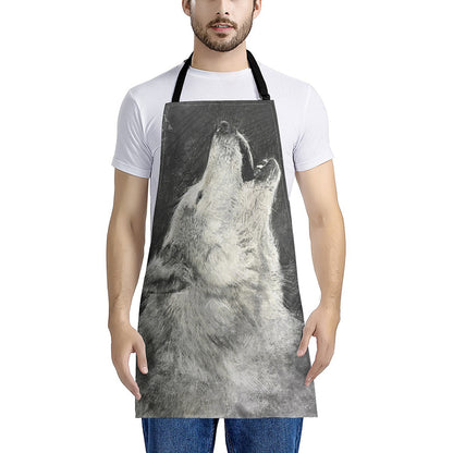 Monochrome Howling Wolf Print Apron