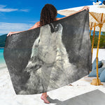 Monochrome Howling Wolf Print Beach Sarong Wrap