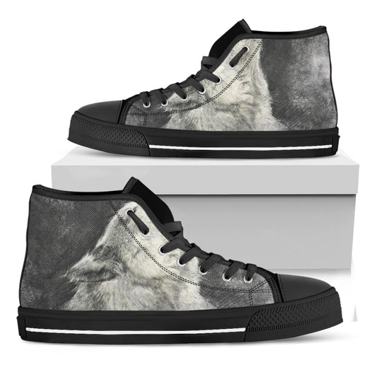 Monochrome Howling Wolf Print Black High Top Shoes