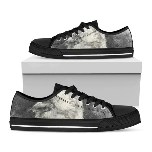 Monochrome Howling Wolf Print Black Low Top Shoes 