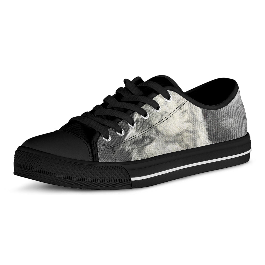 Monochrome Howling Wolf Print Black Low Top Shoes 