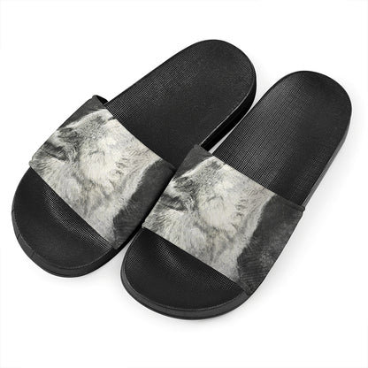 Monochrome Howling Wolf Print Black Slide Sandals