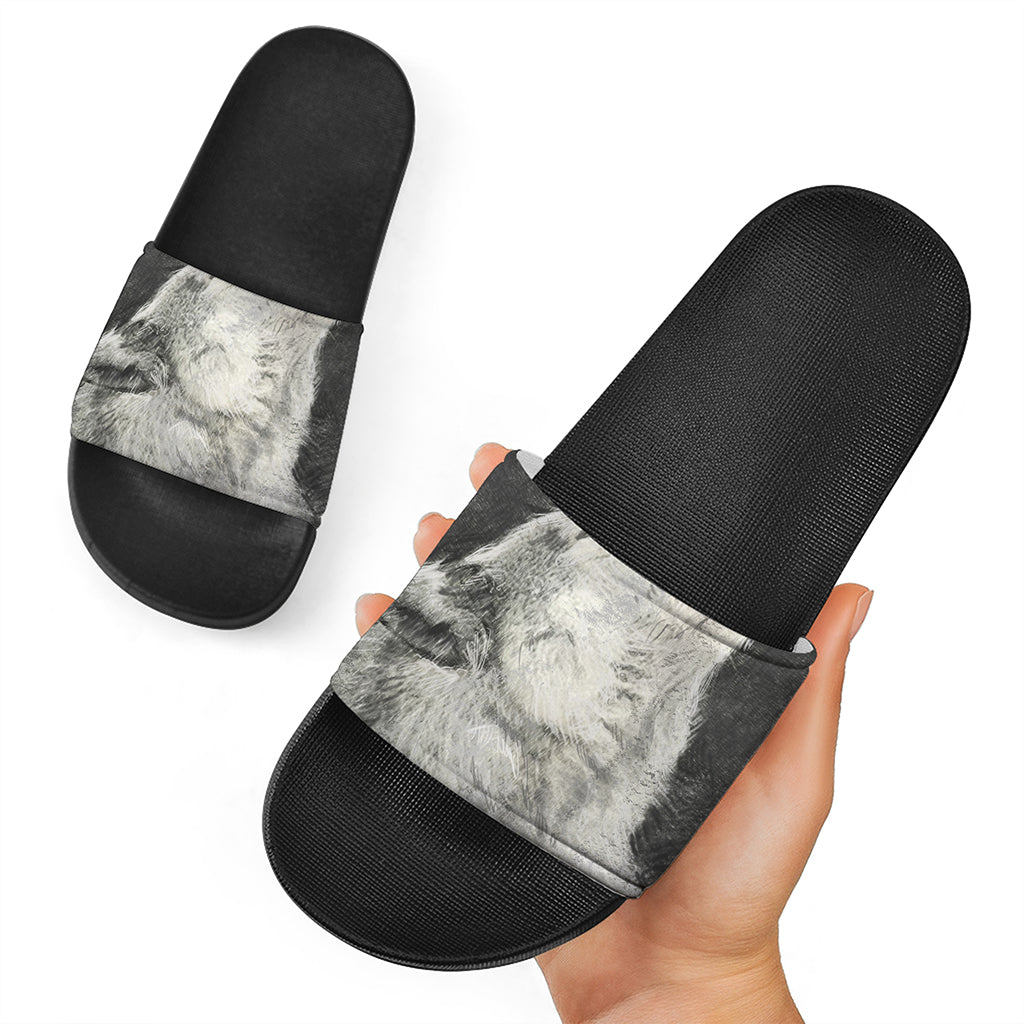 Monochrome Howling Wolf Print Black Slide Sandals