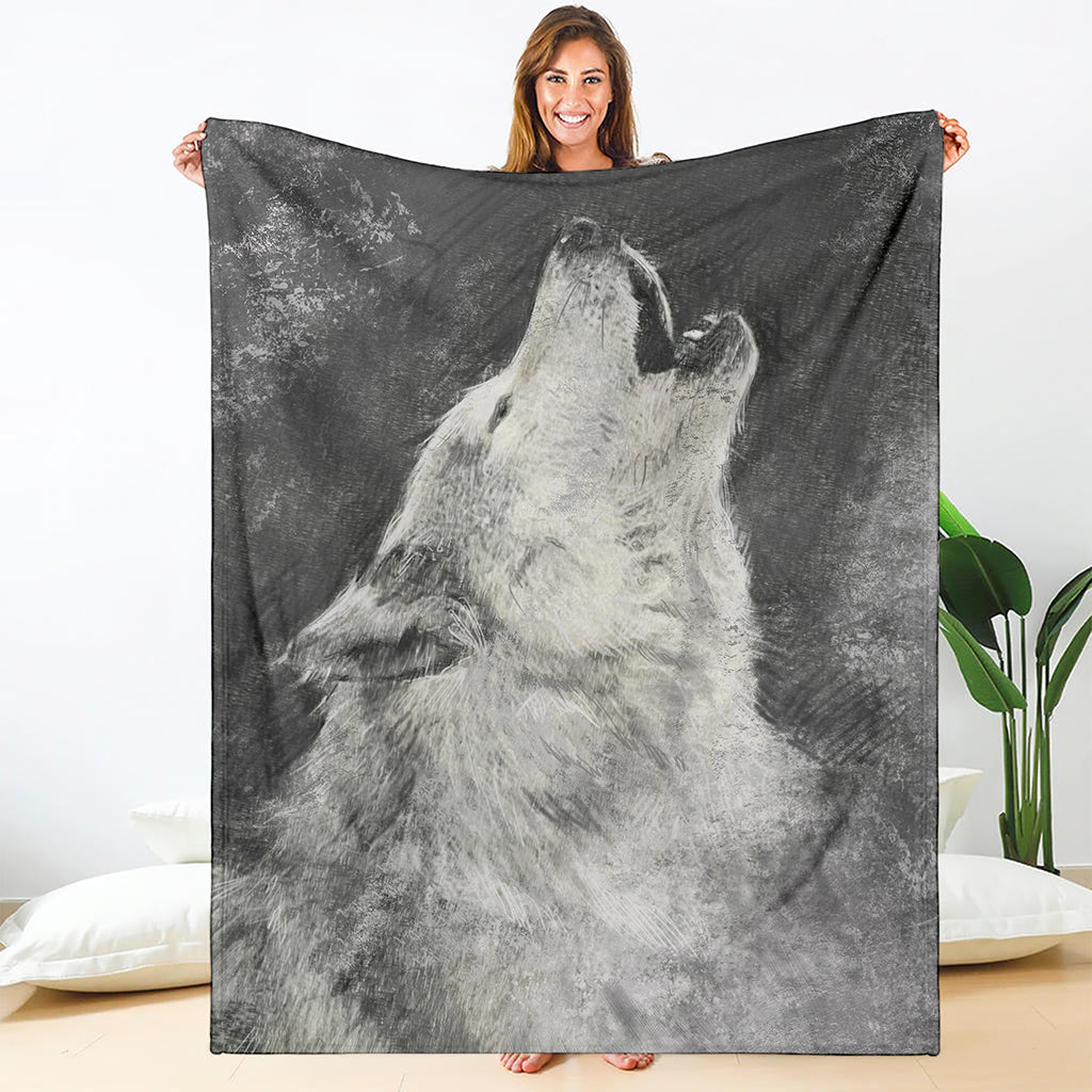 Monochrome Howling Wolf Print Blanket