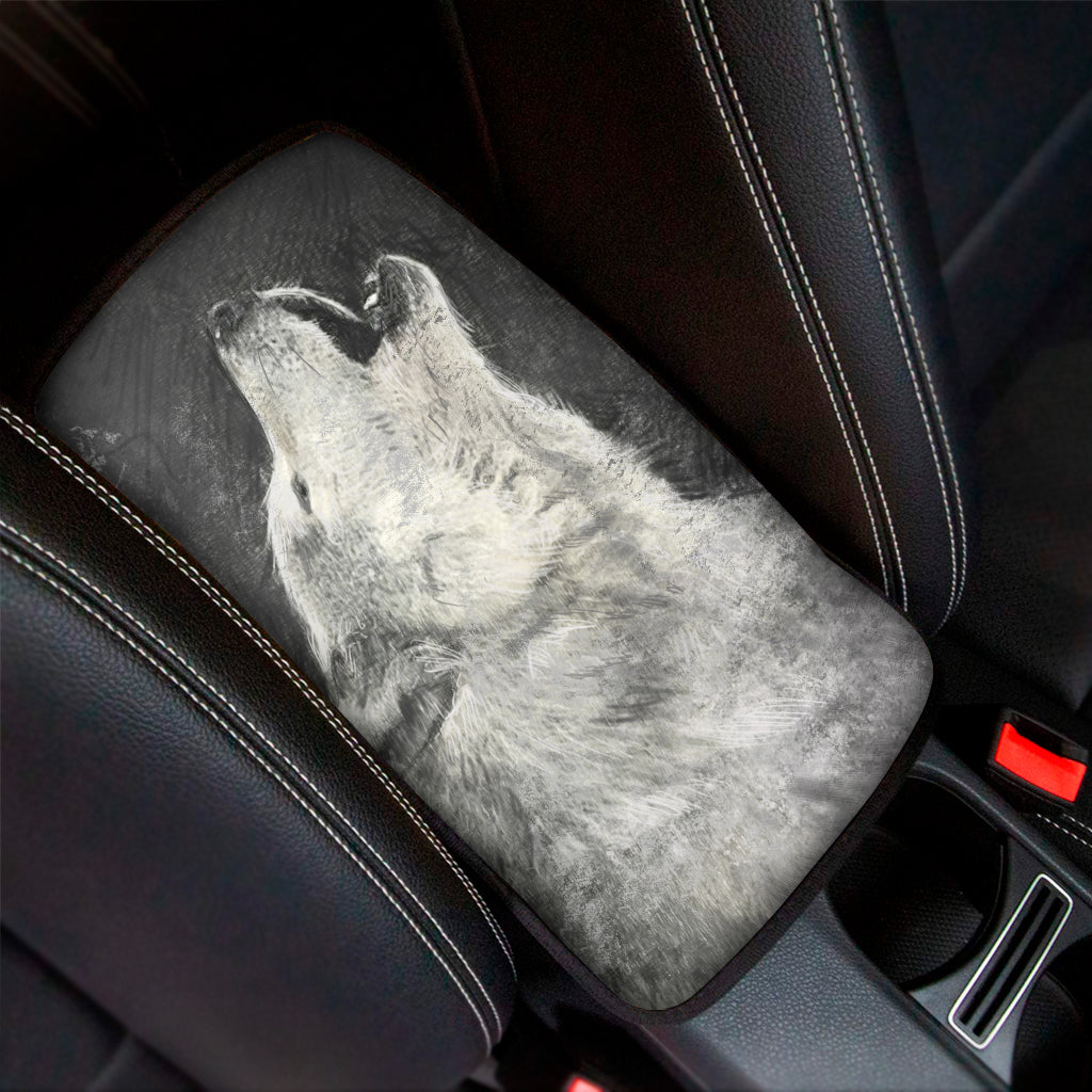 Monochrome Howling Wolf Print Car Center Console Cover