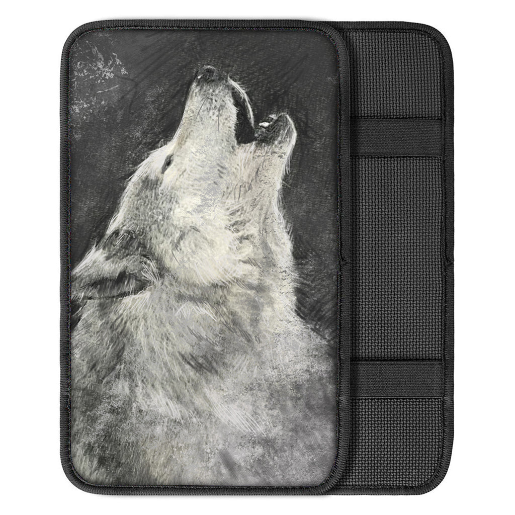 Monochrome Howling Wolf Print Car Center Console Cover