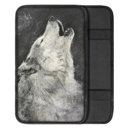 Monochrome Howling Wolf Print Car Center Console Cover