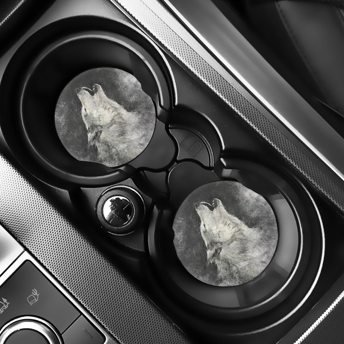 Monochrome Howling Wolf Print Car Coasters