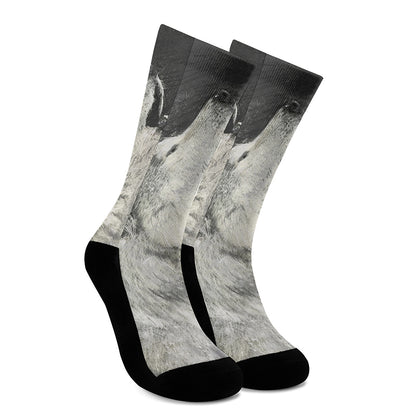 Monochrome Howling Wolf Print Crew Socks
