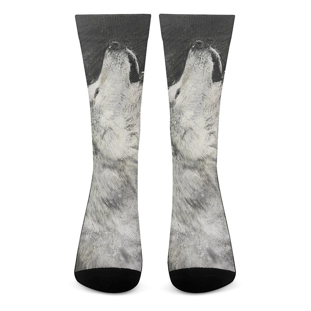 Monochrome Howling Wolf Print Crew Socks