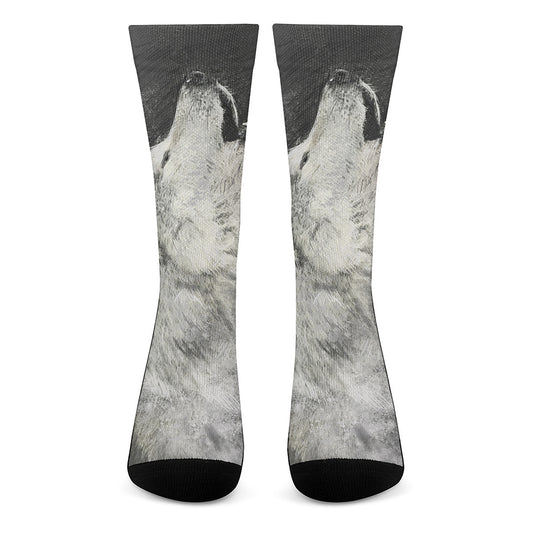 Monochrome Howling Wolf Print Crew Socks