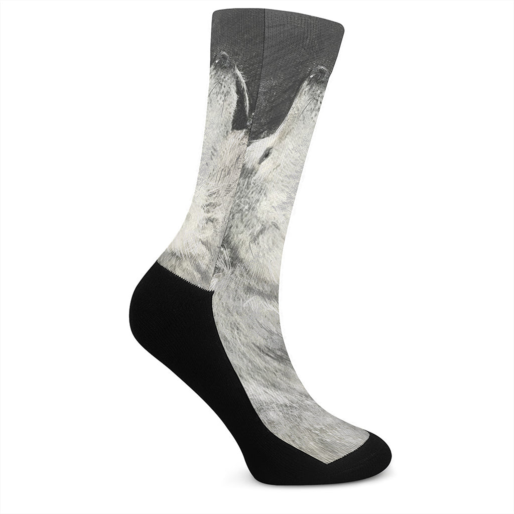 Monochrome Howling Wolf Print Crew Socks