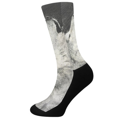 Monochrome Howling Wolf Print Crew Socks