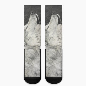 Monochrome Howling Wolf Print Crew Socks