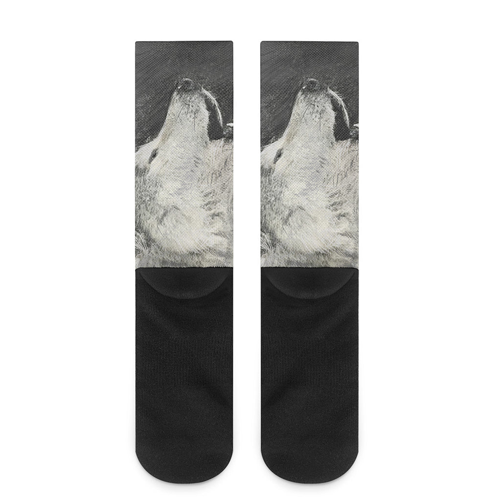 Monochrome Howling Wolf Print Crew Socks