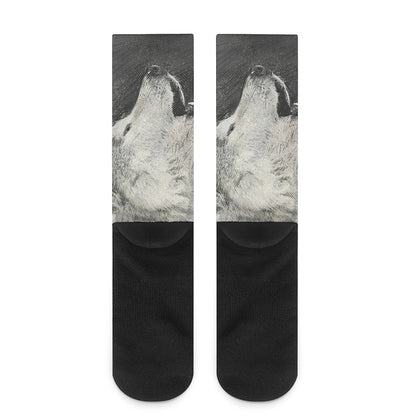 Monochrome Howling Wolf Print Crew Socks