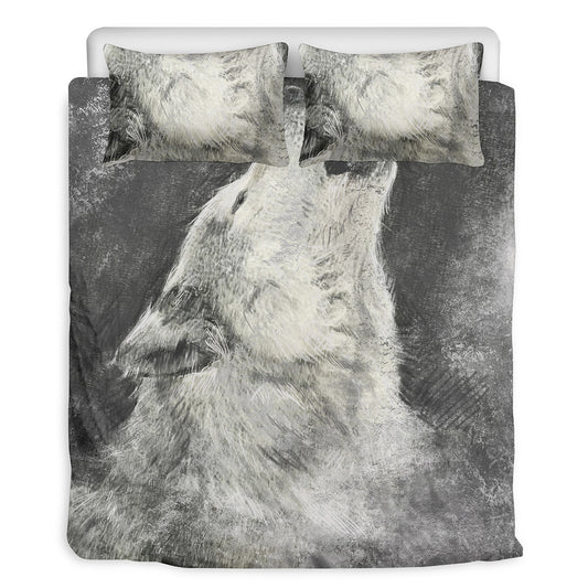 Monochrome Howling Wolf Print Duvet Cover Bedding Set