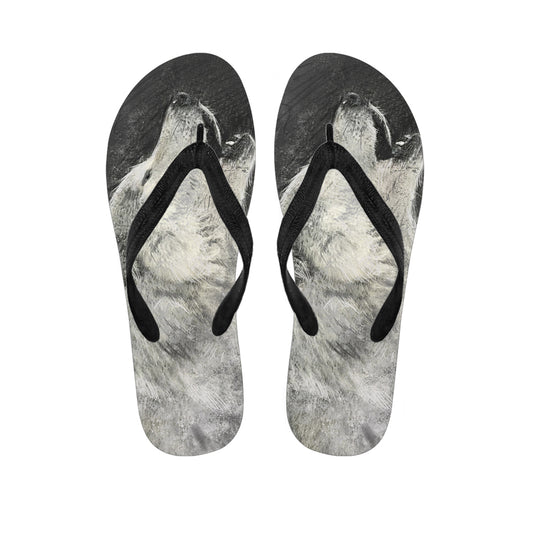 Monochrome Howling Wolf Print Flip Flops